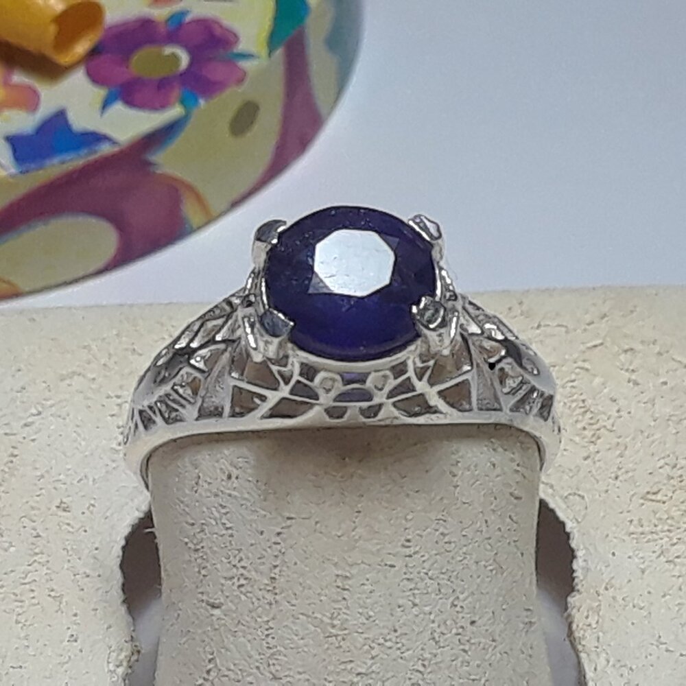 1.0ct Natural Round Blue Sapphire Sterling Silver Filigree Solitiare Ring #19776